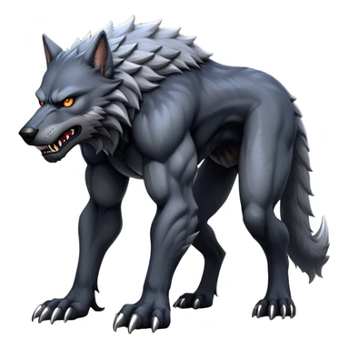 cinematic-noble-fierce-werewolf-full body on all fours-emoji, poised-and-imposing, with a tall, lean, and muscular wolfish frame inspired by the brutal, imposing shape of the beast from Berserk, fur rippling in shades of midnight black and silver, massive paws with razor-sharp claws, elongated limbs and fangs, eyes glowing with an intense, primal ferocity, reflecting the untamed power of the wild moonlit night; rendered with realism like a wolf hunched over sticker