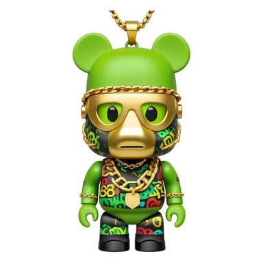 classic bearbrick figure with lime green mask covered in chaotic brand logos, wearing several large gold chains, gold pendant, rapper style accessories, expressive eyebrows sticker