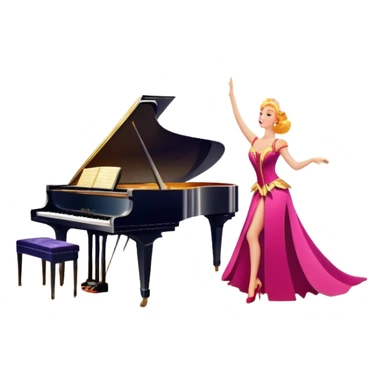 A vintage movie poster-style design featuring musical notes, a shining spotlight, and performers in glamorous costumes. Include elements like a dancing couple, a grand piano, and colorful stage lights. Retro cinematic flair with a lively and joyful atmosphere. Transparent background. sticker