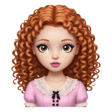 pretty bratz girl, ginger curly hair, freckles, dark brown eyes, pink lips, black eyeliner, pale skin, cute lace girly clothes sticker