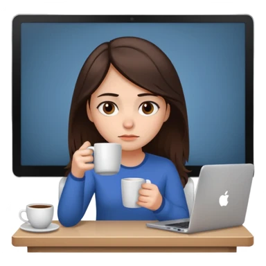 A brunette girl with dark brown eyes, dark circles under eyes, tired, sad face, with a mug of coffee in one hand and sitting in front of a computer sticker