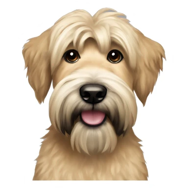 Wheaten terrier with fluffy long hair, black ears and black chin sticker