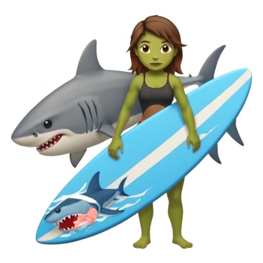 orc female holds a serfingboard with a shark painted vertically in his hands sticker