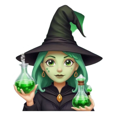 Witch with Green Skin – long-nosed witch in black hat holding potion sticker