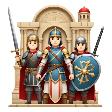 Icon for Historical Movies: A vintage movie poster-style design with elements of ancient architecture, historical figures in period costumes, and a backdrop of a historical event or battle. Include scrolls, swords, and shields. Retro cinematic feel. Transparent background. sticker