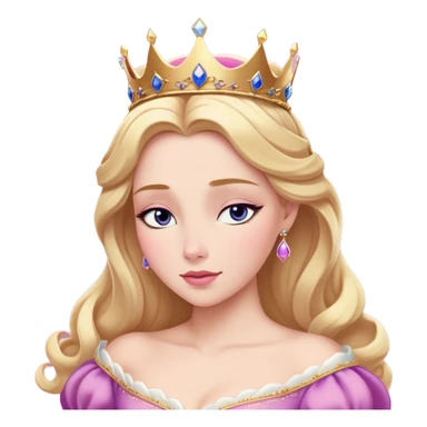 Cinematic Realistic Sleeping Beauty (Aurora) Portrait, with porcelain-like skin featuring a natural rosy flush, illuminated by soft lighting that highlights the gentle contours of her face. Her golden blonde hair flows in soft, detailed waves with subtle highlights that shimmer in the light. Her deep violet-blue eyes radiate warmth and innocence, framed by arched brows and long lashes. Her serene expression exudes quiet elegance. She is dressed in her classic pink gown, the fabric rich in texture with delicate folds that catch the light. A golden crown rests atop her head, gleaming with royal refinement. The portrait captures a soft, glowing aura, blending realism with an ethereal sense of beauty and timeless enchantment. sticker