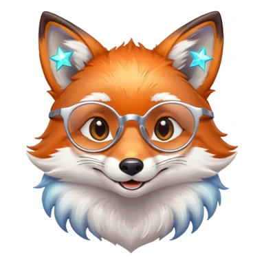 A gentle fox with iridescent fur, a glowing tail, a silver star on its forehead, and round glasses, smiling softly with closed, happy eyes sticker
