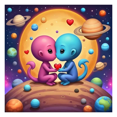 Cute cosmic scene with heart planets and small alien couples kissing and hugging on the planets, colorful solar system sticker