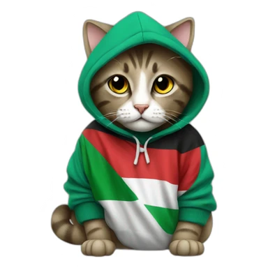 a cat wearing a hoodie with Palestinian flag sticker