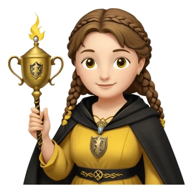 Helga Hufflepuff,the Hogwarts founder of Hufflepuff,brown-haired,2braids,yellow-black medieval dress with black cloak decorated with gold braiding,flickering magic wand and tiny two-handled shiny gold cup engraved with the badger silhouette,very kind smile,curvy busty sweet sticker
