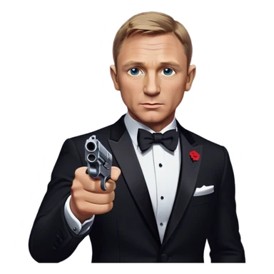 Cinematic Realistic James Bond Daniel Craig Portrait Emoji, depicted as the ultimate suave and enigmatic secret agent, donning a sharply tailored tuxedo, gripping a sleek handgun, with a piercing gaze that exudes confidence and danger. The scene is infused with moody, high-contrast cinematic lighting, evoking the thrilling world of espionage and intrigue. sticker