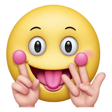 The image is a digital illustration of a yellow smiley face with big, round eyes and a big smile. The face is holding a pink tongue sticking out and making a 67 with its fingers. Above the face, The background is white. sticker