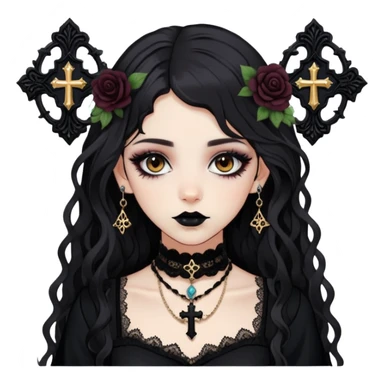 Goth girl with dark wavy hair, brown almond eyes, gothic makeup, long face, black dress with floral lace and vintage style choker, lots of cross pendants, y2k sticker
