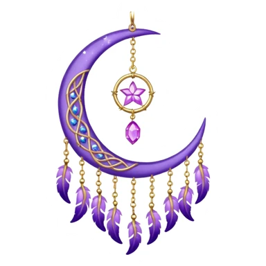 Aesthetic shiny sparkly violet crescent hanging from gold chain dreamcatcher-suncatcher hanging lilac crystals decoration  sticker
