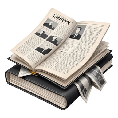 Icon for Non-Fiction & Narrative Reading: an open book with black-and-white photos on the pages, surrounded by a pile of newspaper clippings, and an open folder with top-secret documents. The icon should reflect the blend of real stories and facts in non-fiction literature. Transparent background. sticker