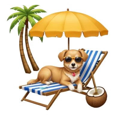 a dog laied on a beach chair, a sunny beach, a sun umbrella, and beach coconut trees. the icon should capture the essence of a relaxing beach vacation with a carefree atmosphere sticker