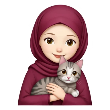 Asian white girl wearing  maroon hijab with dress holding a black grey tabby cat while smiling sticker