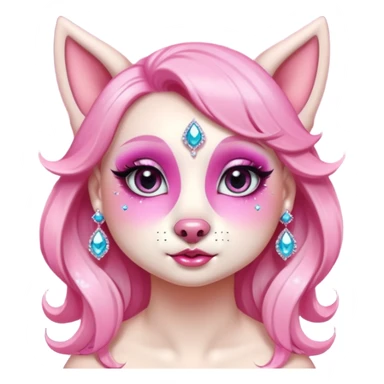 glamorous dog portrait, head and shoulders only, exaggerated pink makeup, bright eyeshadow, long eyelashes, shiny blush cheeks, sparkling face gems, glitter accents, elegant earrings, fantasy beauty style, cute 3D cartoon, mobile game icon style, clean background, no text, no watermark
 sticker