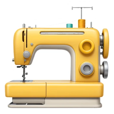 Emoji of a modern sewing machine inspired by a Brother machine. Soft, rounded shapes in the style of Apple emojis, with subtle gradients and soft shadows. White body, a yellow spool on top sticker