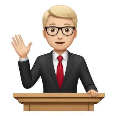 A professional clean-shaven man in a dark business suit and red tie standing behind a podium, confidently delivering a speech. Hands slightly open in a welcoming gesture, soft studio lighting, neutral dark background, friendly facial expression, glasses, elegant and corporate look. sticker
