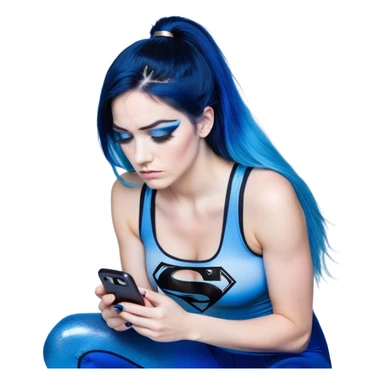 Disapponted-big tears-head back texting on phone-very very large upper body-sexy face-bending forward at waist-very long very straight dark blue to light blue ombre hair-and-blue eyes-thick black eyeliner-long eyelashes-iridescent blue lowcut tanktop with black leggings with glitter superman logo sticker