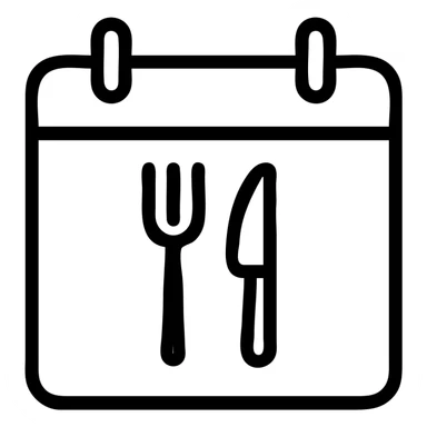minimalistic bold black-and-white icon, square, flat, no gradients, calendar with a single fork and knife in the center, clean geometric lines, modern, inspired by Netflix and Lifesum, no background, vector style, suitable for dark and light mode sticker