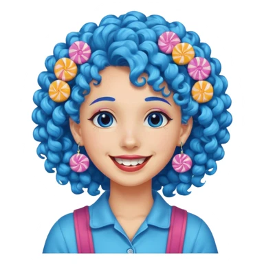 candy shop vendor, looking like candy with candy earrings and candy hair with big smile and blue curly hair sticker