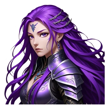 A mysterious warrior girl with long, flowing purple hair cascading down her back, strands catching the dim light like silk. Her piercing violet eyes glow beneath her furrowed brow, sharp with determination and wisdom beyond her years. She wears sleek black armor, a perfect fusion of elegance and lethality, adorned with intricate silver engravings resembling ancient runes. A dark cape billows behind her, torn at the edges from countless battles. Her gauntleted hands rest on the hilt of a slender, obsidian-hued sword, its blade humming faintly with hidden power.  sticker