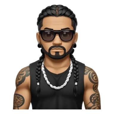 Samoan male. Facial hair on chin only.
No mustache hair, just chin.
Untucked loose fitting black t-shirt. 
long black braided hair.
very muscular.
Even More tattoos. 
Tough and menacing.
Dark black square sunglasses. sticker