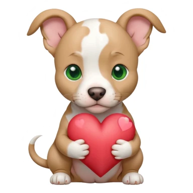 White and tan pitbull puppy with green eyes and cropped ears holding a heart sticker