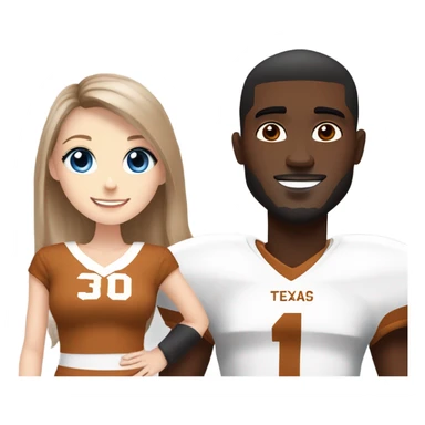 Beautiful girl, pale skin, blue eyes, long straight beautiful light brown hair, wearing Texas Longhorn football cheerleading uniform, standing next to one handsome black man with short black hair wearing Texas longhorn football jersey sticker