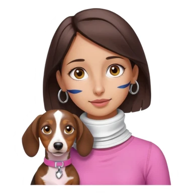 a brunette girl, olive skin, hazel eyes, pink top, neck brace on her neck because she’s injured , piebald dachshund next to her only brown and white sticker