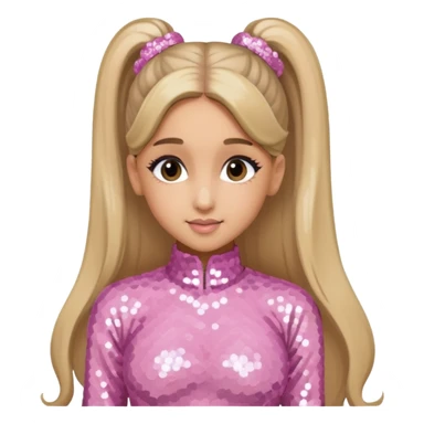 Ariana Grande with long dark blonde ponytail hair, light pink sequin outfit sticker