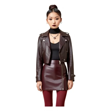 Apple emoji style. Full-body East Asian woman with a single sleek bun below the ears. Oversized hip-length black leather jacket, black turtleneck, silver Vivienne Westwood orb necklace. Low-waist A-line burgundy leather skirt, burgundy tights, red long boots. sticker