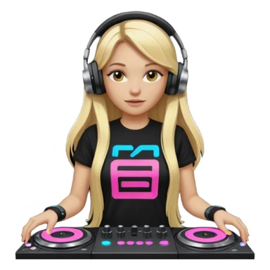Beautiful cyberpunk chick stylish female DJ with long blonde hair, wearing black with neon on her graphic tshirt, with glowing turntables and headphones, 8k sticker