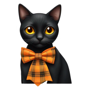 Black cat with orange eyes and a orange/black plaid bowtie sticker