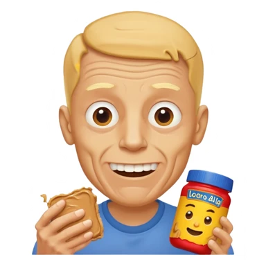 White man, barely any hair, lots and lots of wrinkles, bad yellow teeth, and peanut butter sticker
