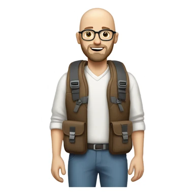 white bald man with beard, glasses, brown eyes and a traveling backpack sticker