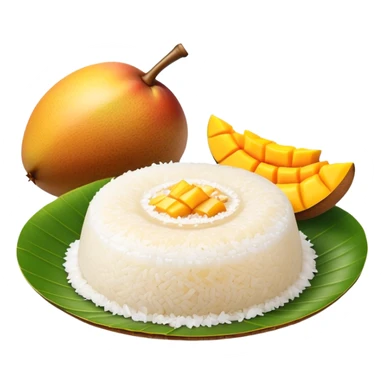 cinematic-realistic-mango-sticky-rice-dessert-emoji,-showcasing-sweet-sticky-rice out of a mould-paired-with-ripe-mango-slices-and-coconut-milk-rendered-with-lifelike-detail-and-warm,-inviting-lighting with the coconut  milk over the rice sticker