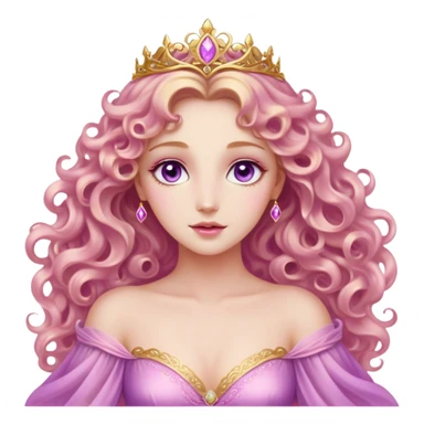 Cinematic Stunning Aurora Portrait Emoji, Ethereal in her flowing pink gown, golden curls shimmering, soft violet eyes filled with serenity, an enchanting glow surrounding her, capturing the beauty of a princess lost in a dream! sticker