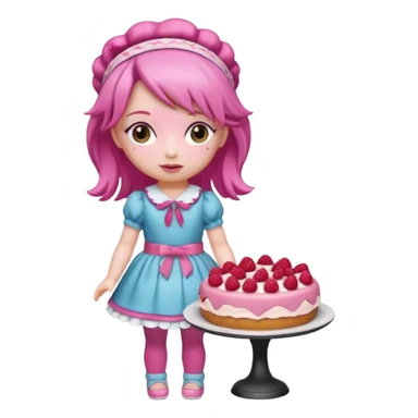 Isolated detaile illustration incredibly modern raspberry torte doll figurine full body with pink hair and a raspberry hairband sticker
