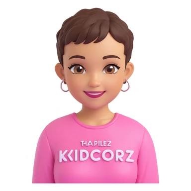 Lightskin girl with a pixie cut
pink blouse
hazel eyes
expression is smiling
Add the word Kidcore Creationz in Pink sticker