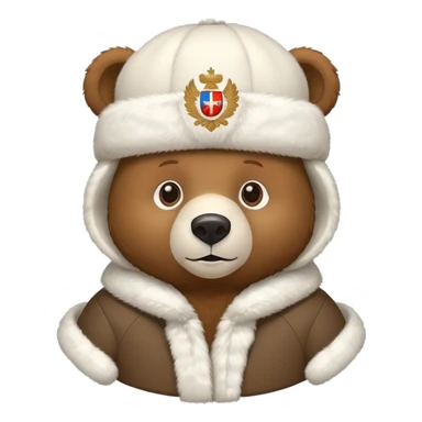 Cute brown bear in white fur ushanka hat with centered Russian coat of arms, front view, iOS emoji style sticker