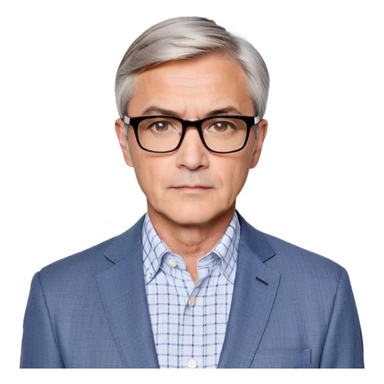 Middle-aged man around 50, square face with slight wrinkles, large dark square-framed glasses, short straight hair with subtle graying and side part. Composed serious expression. Wearing a light gray blazer over a white button-up shirt with blue checkered pattern. sticker