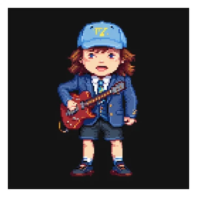 Angus Young in school uniform, blue blazer, shorts, and cap, rocking out, pixel art style sticker