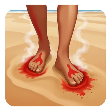 bare foot stepping on extremely hot beach sand with red pain marks and steam rising from the sand sticker