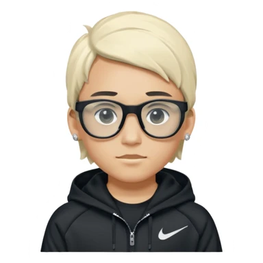 un emoji de un chico emcapuchado blanco con luzes negras e rubias, com uma chaqueta negra nike tech y unas gafas de oakley, con pendientes de diamante, que las gafas sean estilo cuadradas, los pendientes q no se cuelguen, que sean redondos, en las dos cejas un corte, que las gafas no sean circulares sticker