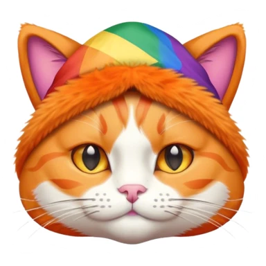 Heartbroken orange cat wearing a pride flag hat sticker
