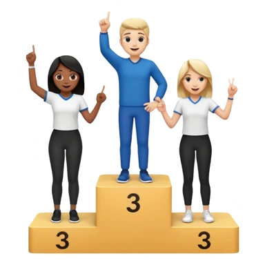 three casually dressed people black and white on a winners podium with no numbers middle step higher each on their step center person holds up one finger on each hand fun expressive cheerful emoji style sticker