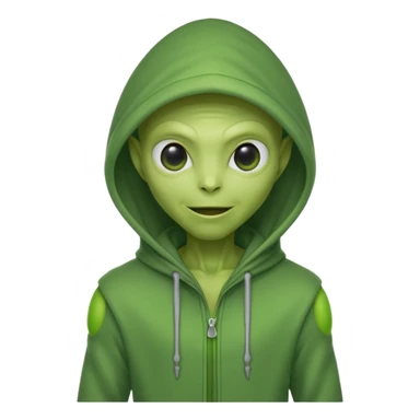 green alien in gray hoodie full height, wear hoodie hat, happy sticker
